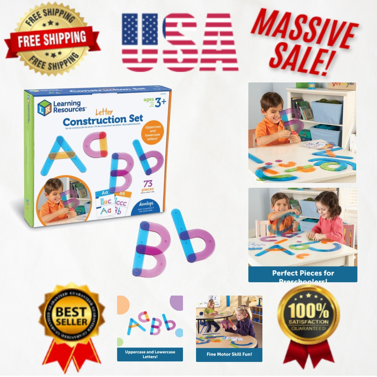 Interactive Letter Building Activity Set with 60 Pieces & Cards for Kids