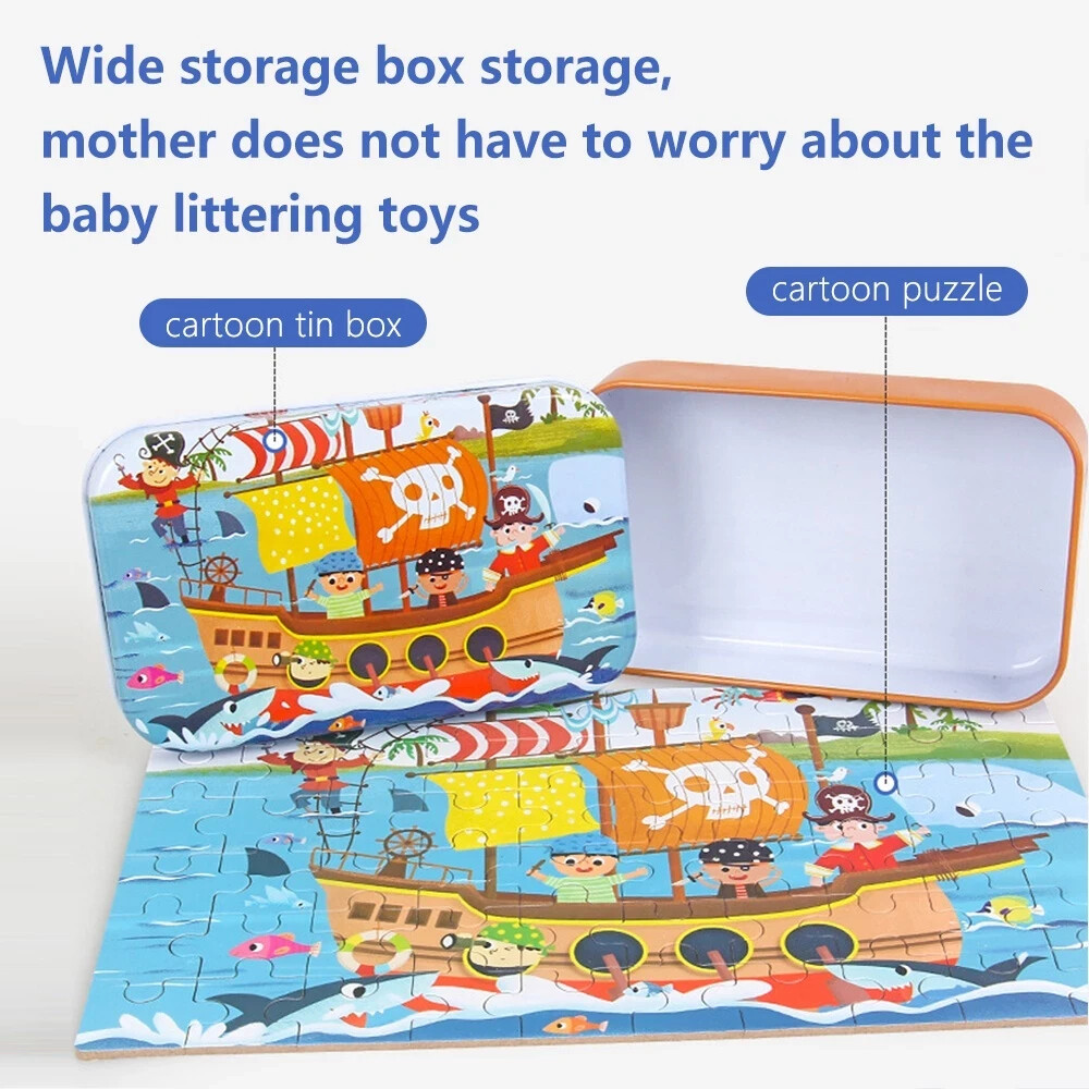 60Pcs Kids Wooden Puzzle Free Iron Box Early Learning Jigsaw Puzzle Toys