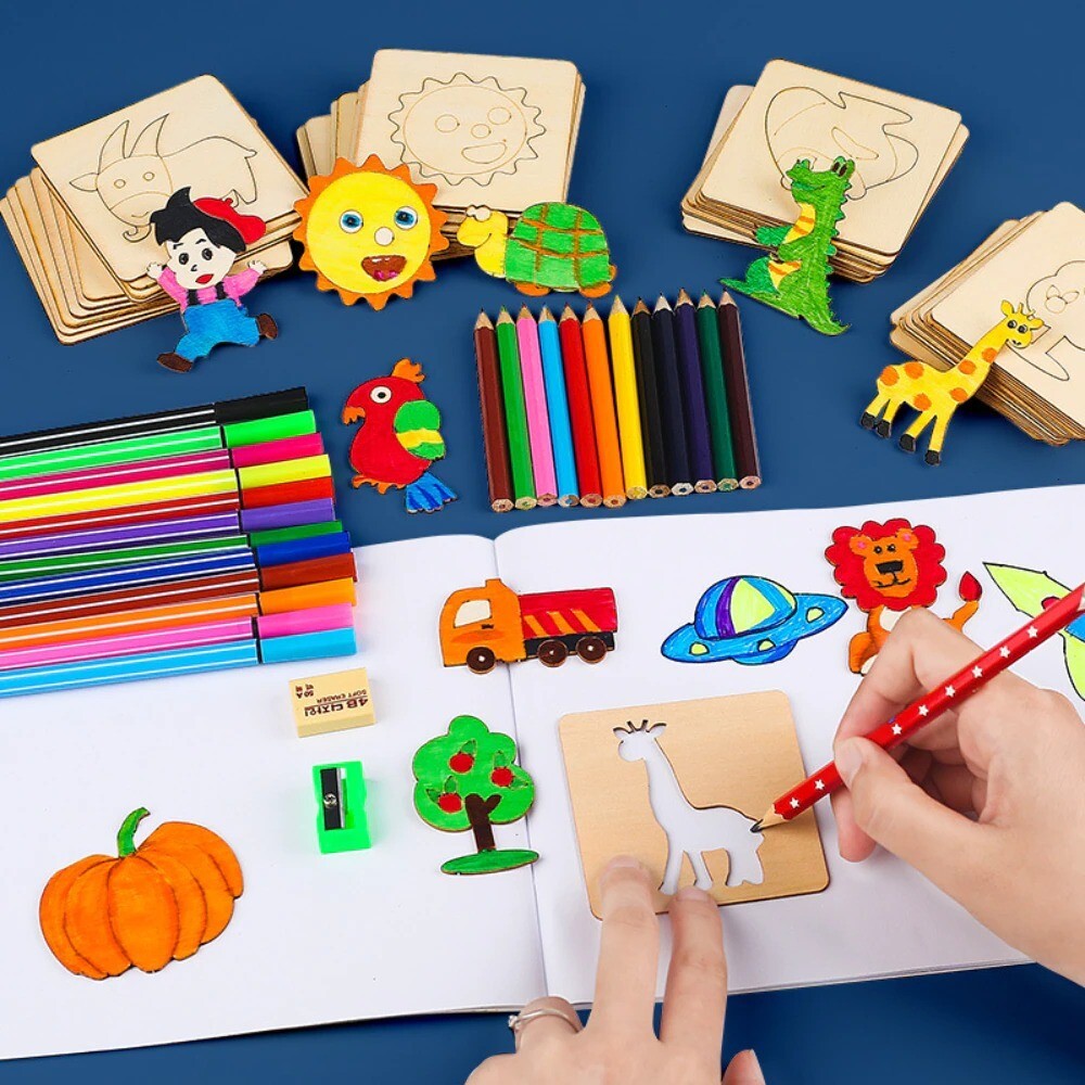 Kids Drawing Toys 20pcs Wooden DIY Painting Template Stencils Stencils Learning