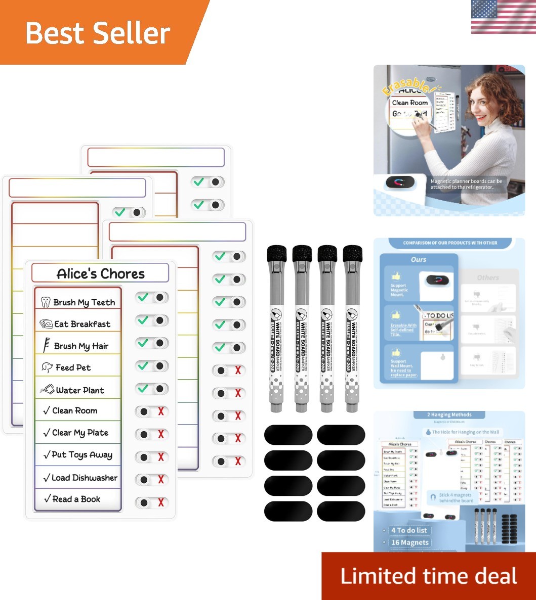 4-Pack Kids Routine Charts – Magnetic Dry Erase Chore Lists for ADHD Support
