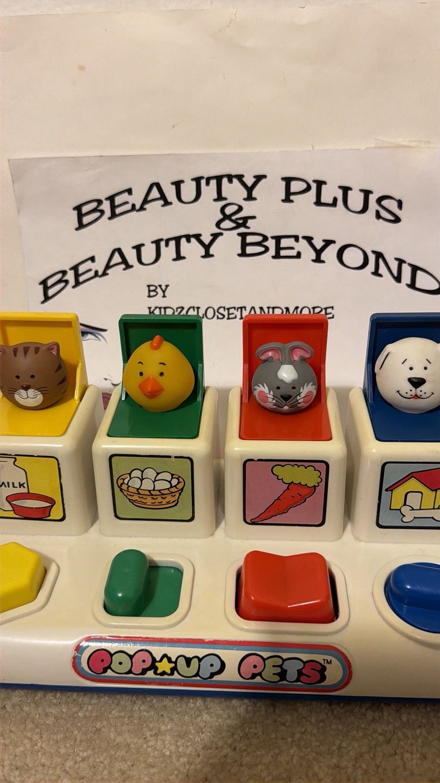 Vintage 1984 Pop-UP Pets Child Development toy, Working, carrot, eggs, milk, dog