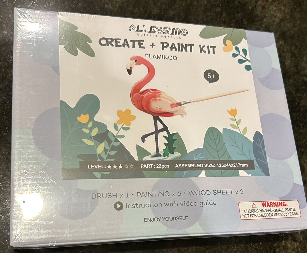 NEW Allessimo Reality Puzzles Create & Paint Wooden 3D Pink Flamingo Level 3