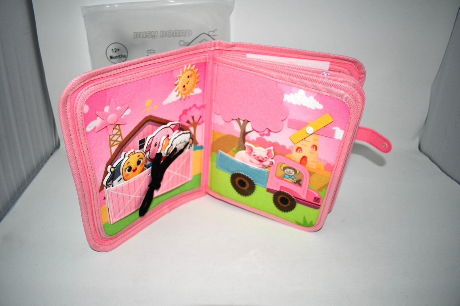 Goliyean Montessori Busy Board, Toddler Sensory Learning Toy, 8 Pages, Pink P8,