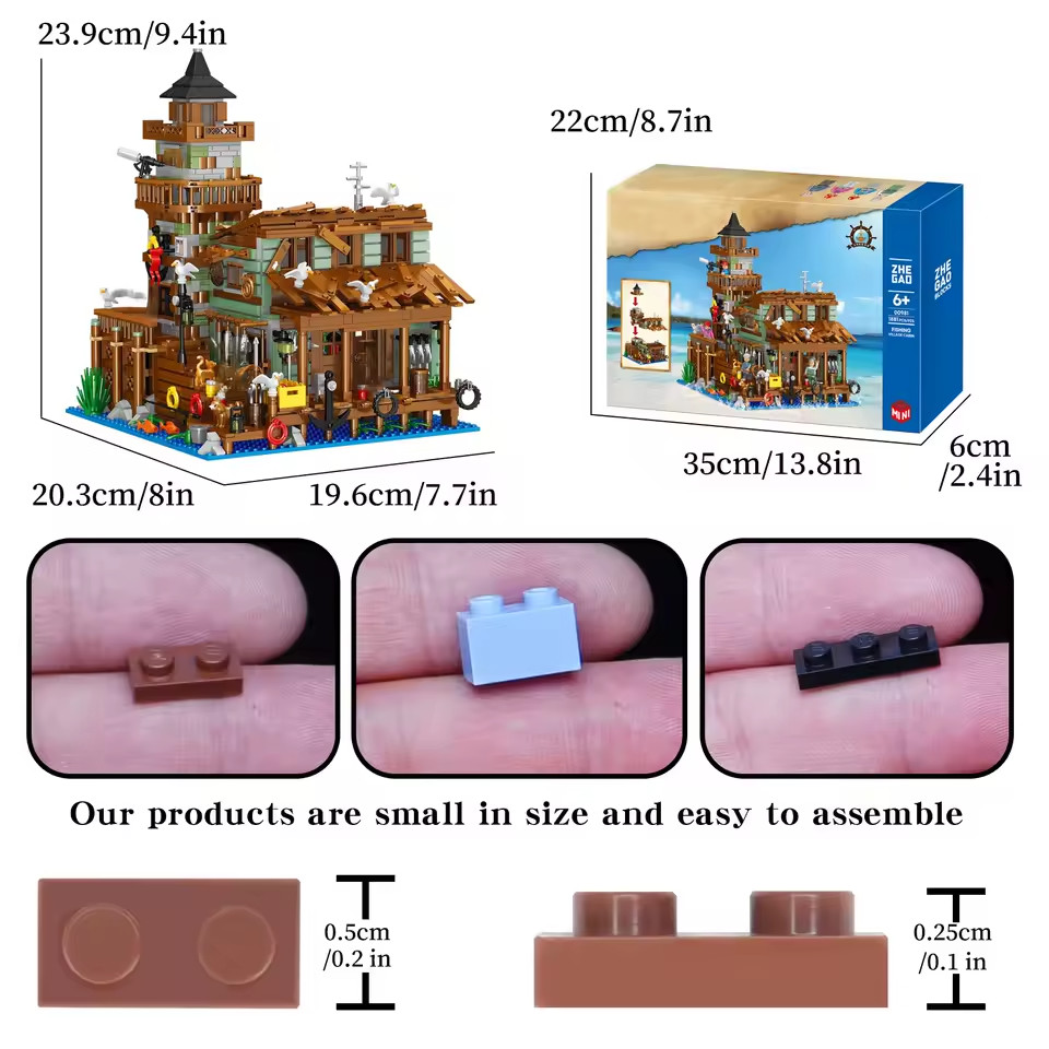 1881PCS Creative Fishing Village Cabin Building Blocks Seaport Wood House Assemb