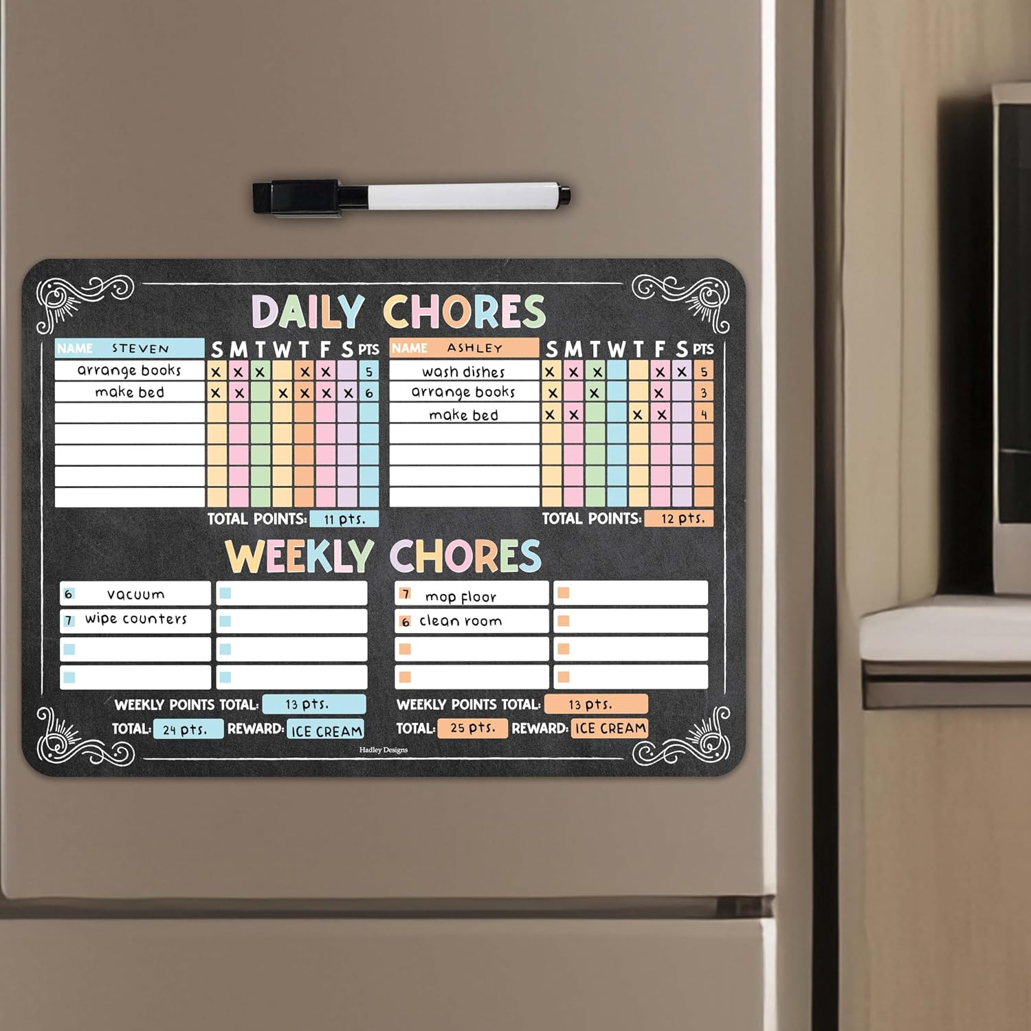 Magnetic Chore Chart for 2 Kids Dry Erase Refrigerator Weekly Planner