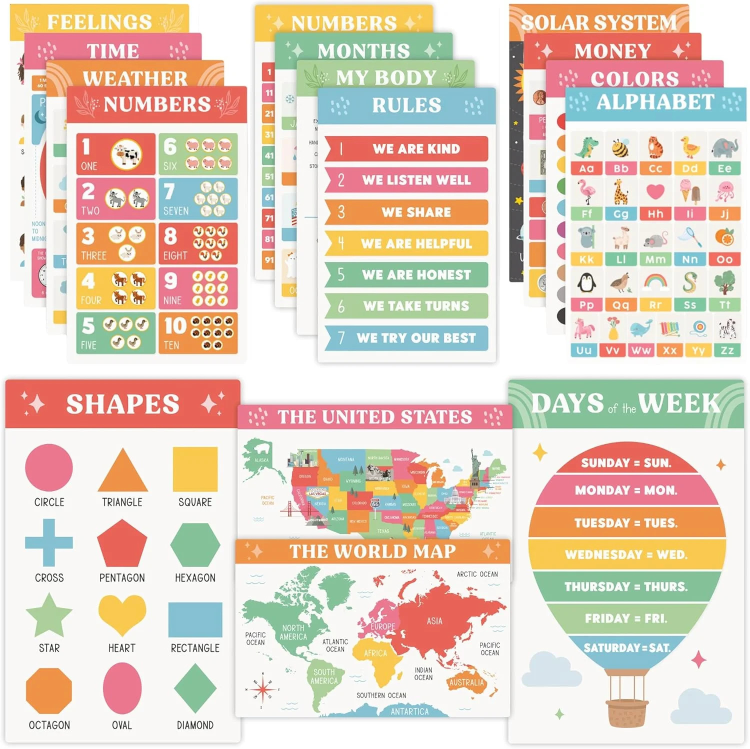 Fun Educational Posters for Toddlers 1-3 – Set of 16 Easy to Read Learning Poste