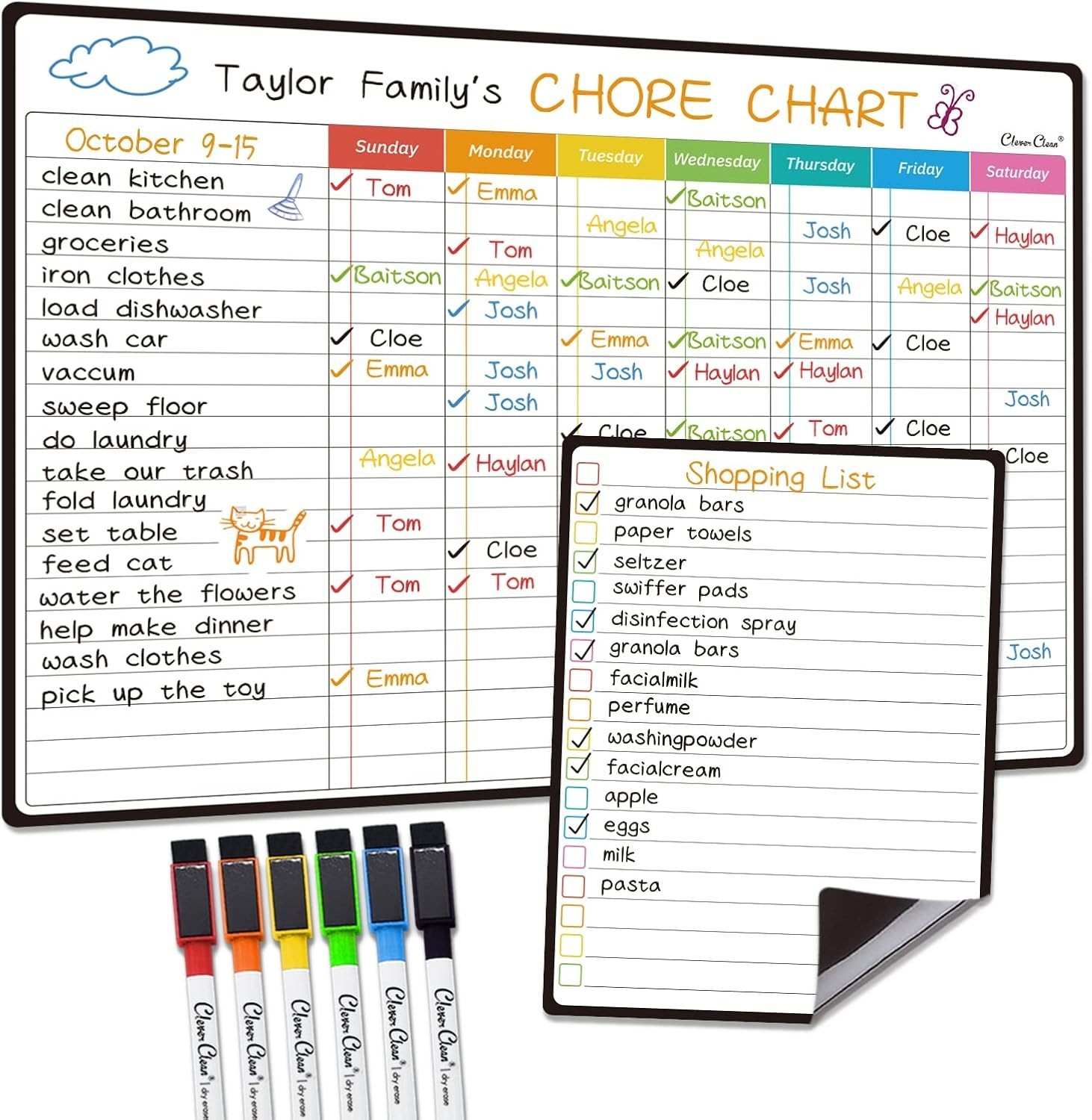 14.5″x11″ Magnetic Chore Chart with 6 Fine Point Markers – Family List Organizer