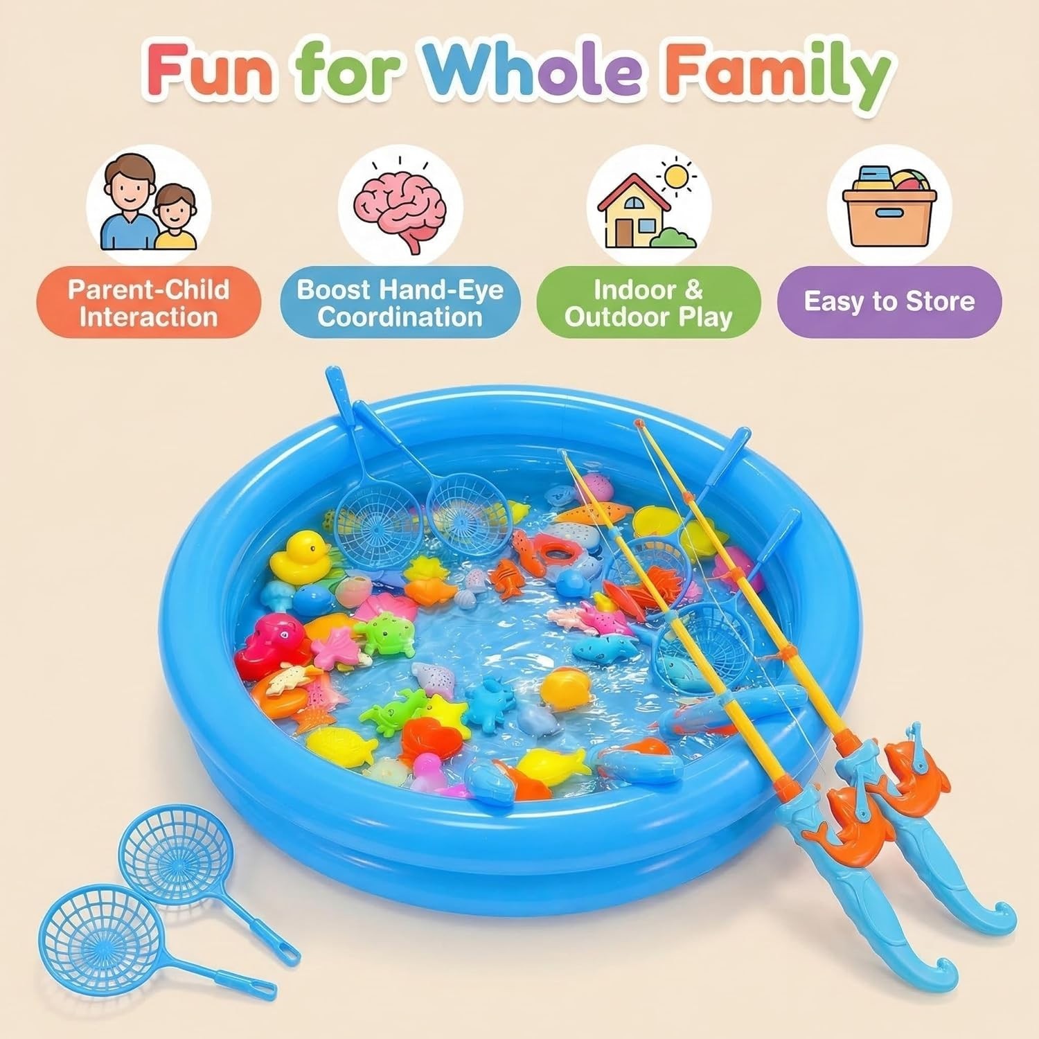 Magnetic Fishing Game Set with Inflatable Pool for Kids Outdoor Indoor