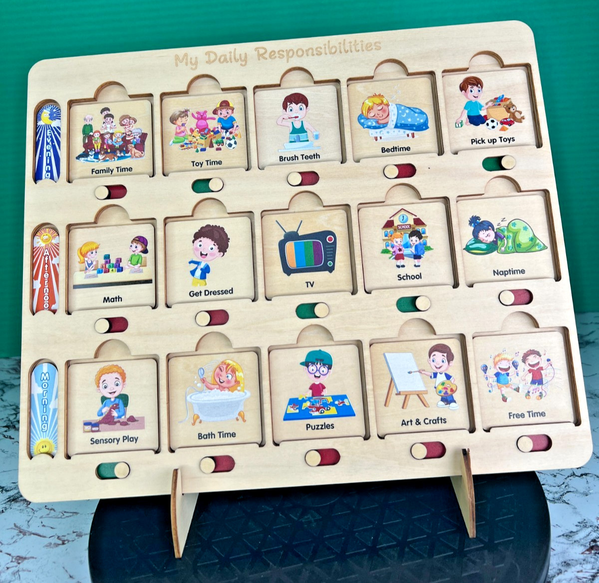 Wooden Montessori Daily Responsibilities Chart Routine Board for Toddlers Kids