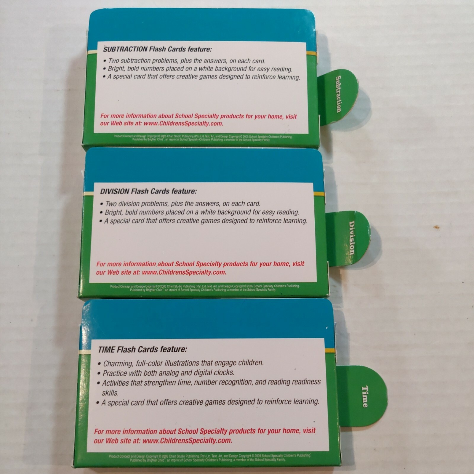 3 Brighter Child ‘Math, Time & Money’ Flash Card Sets Subtraction/Division/Time