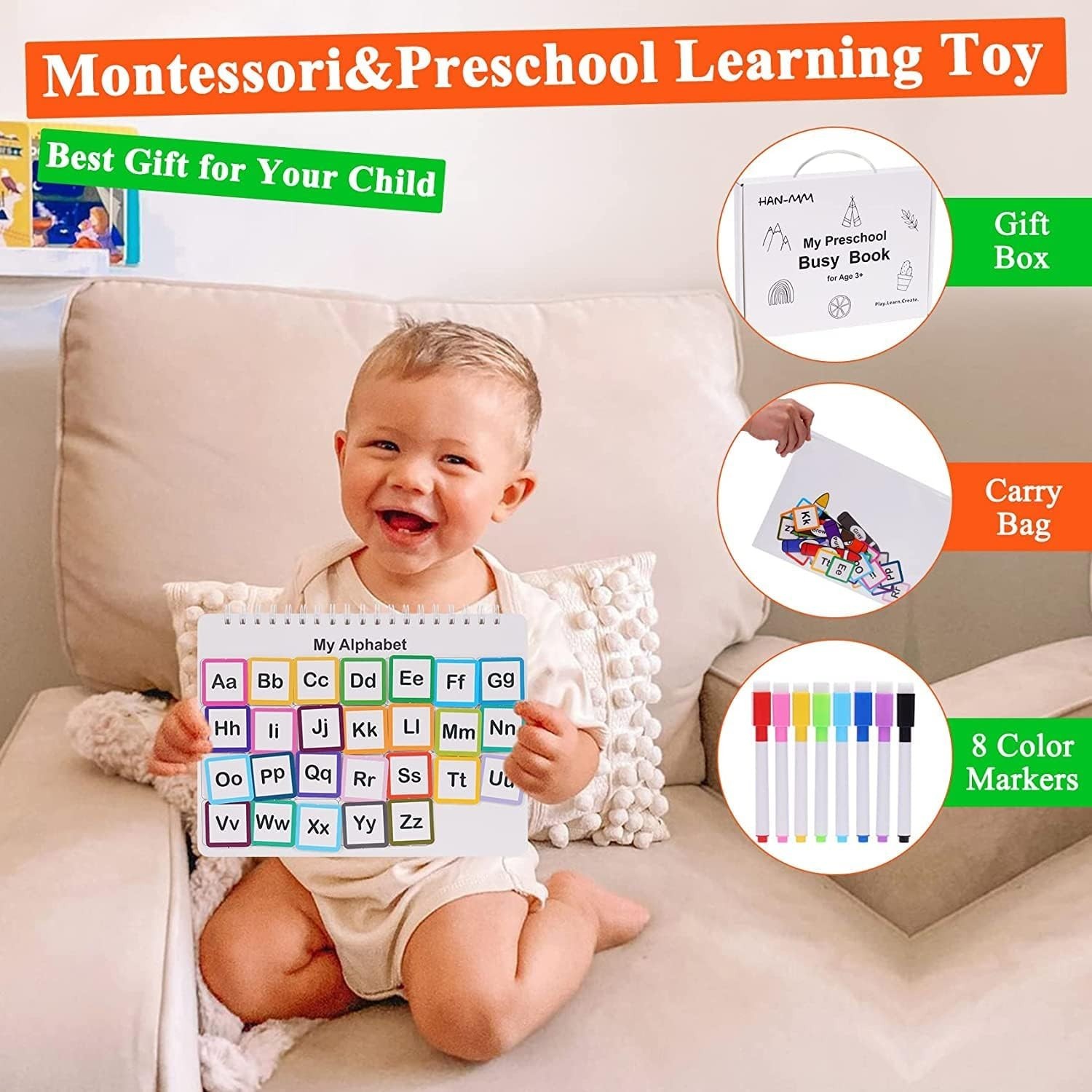 Busy Book for Kids, Montessori Preschool Learning Activities, 30 Themes with 8 M