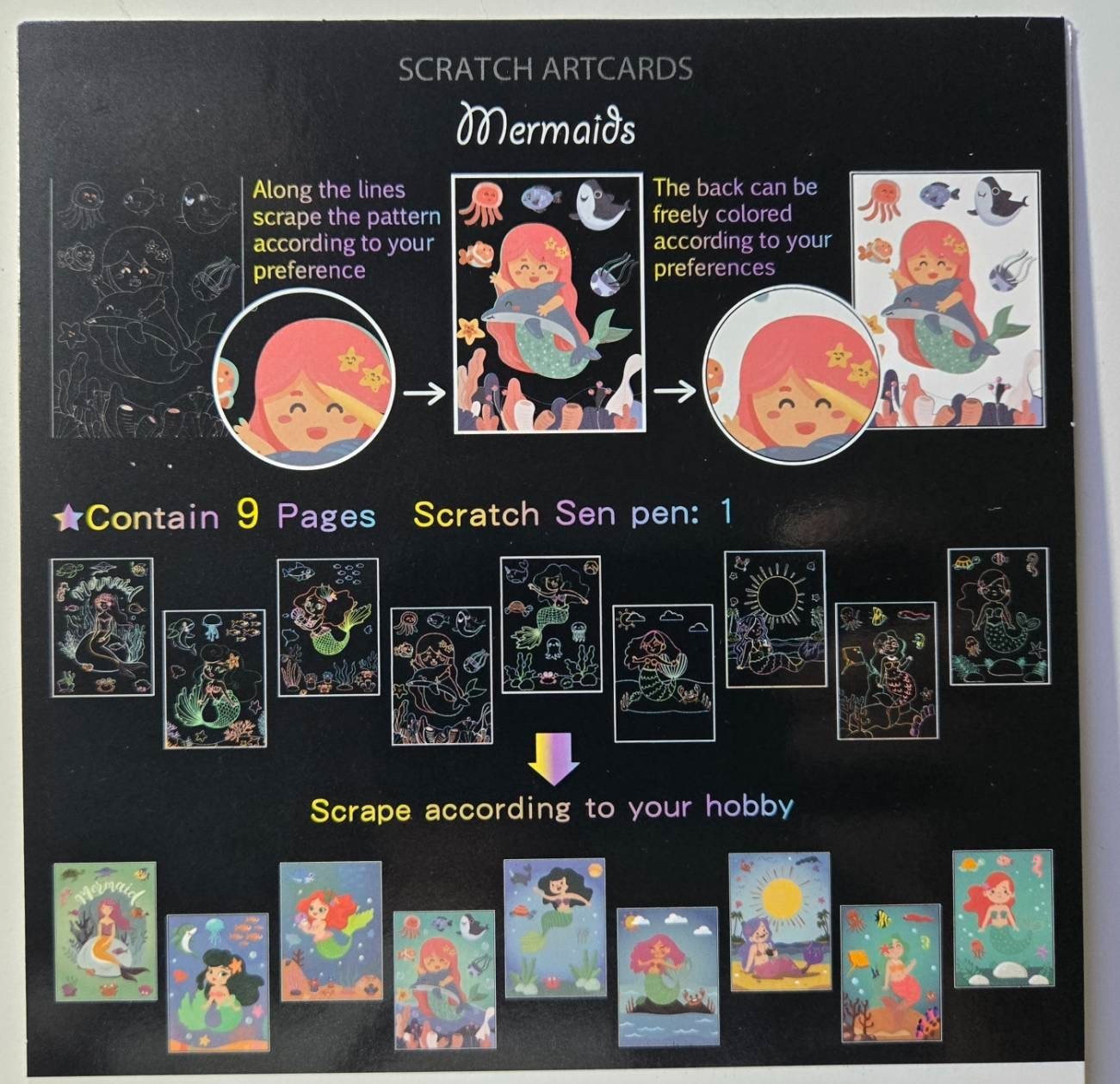 3 PCS Scratch Art Card Set Kids DIY Craft Activity Safari Space Mermaid