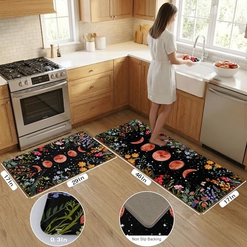 Kitchen Rug Mats for Floor Anti Fatigue Floral Boho Moon Kitchen Rugs Sets of 2