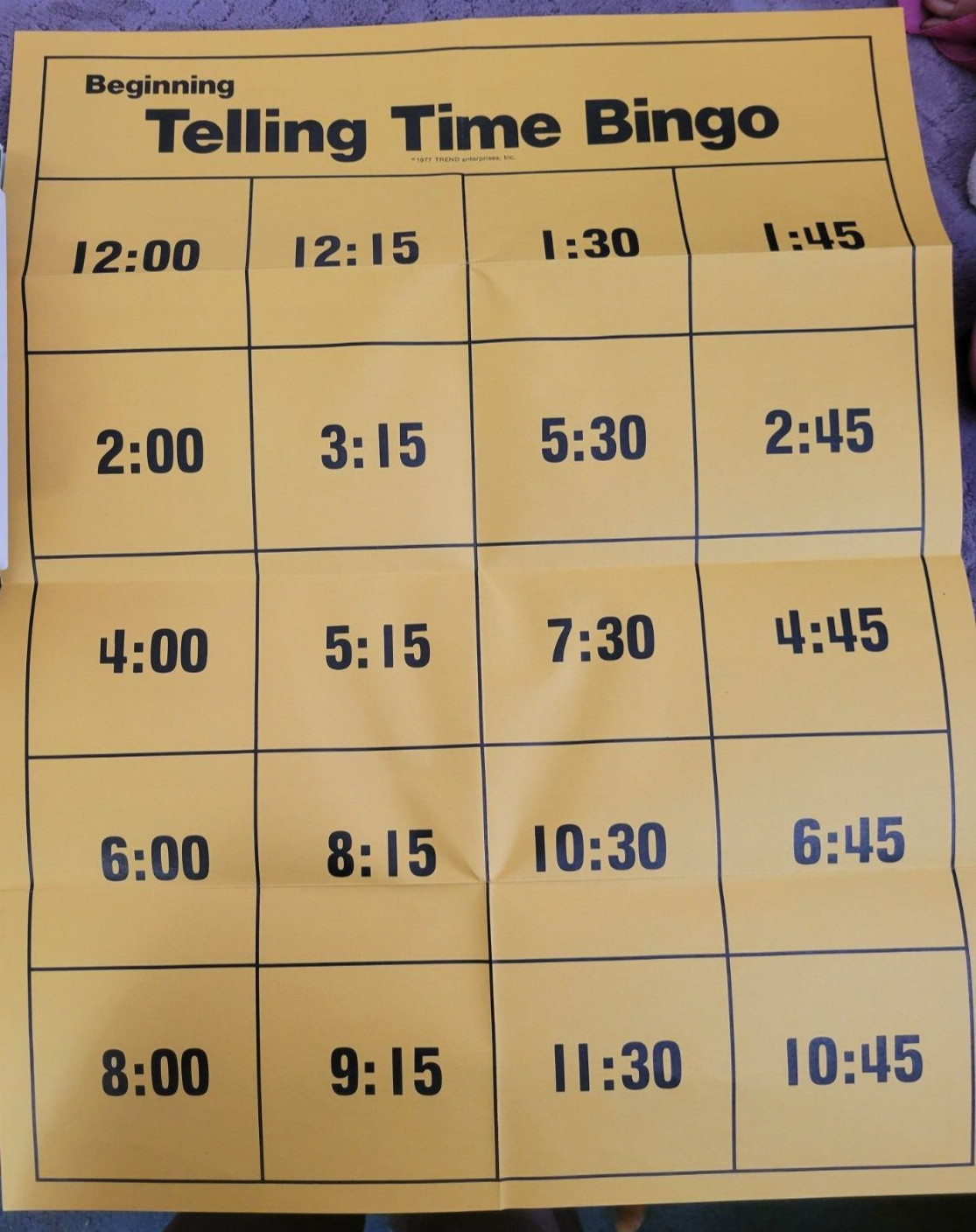 Vintage Trend Beginning Telling Time Bingo Complete – Active Learning -1977
