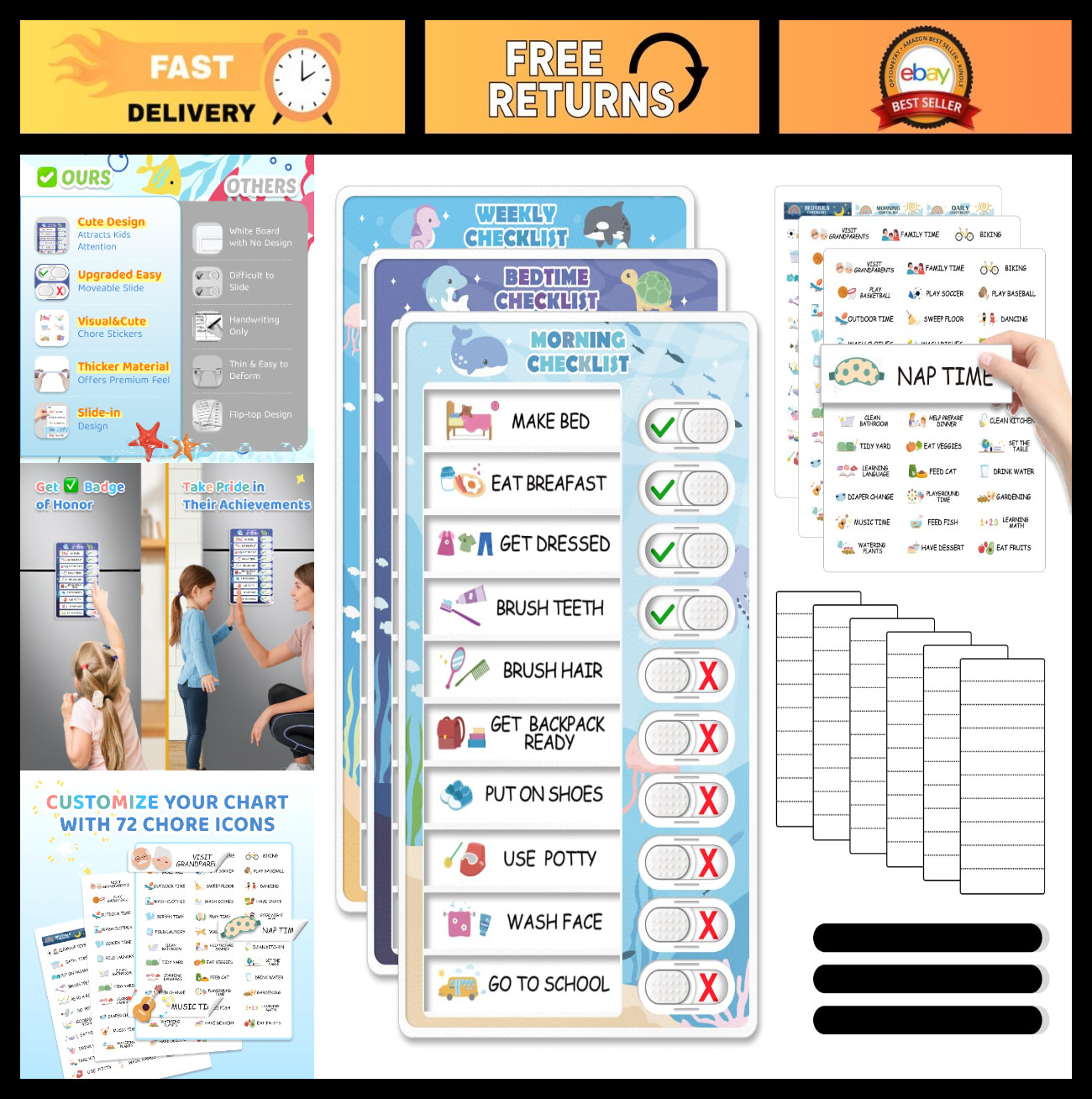 3-in-1 Kids Routine Chart – Magnetic Chore & Visual Schedule Board for Toddlers