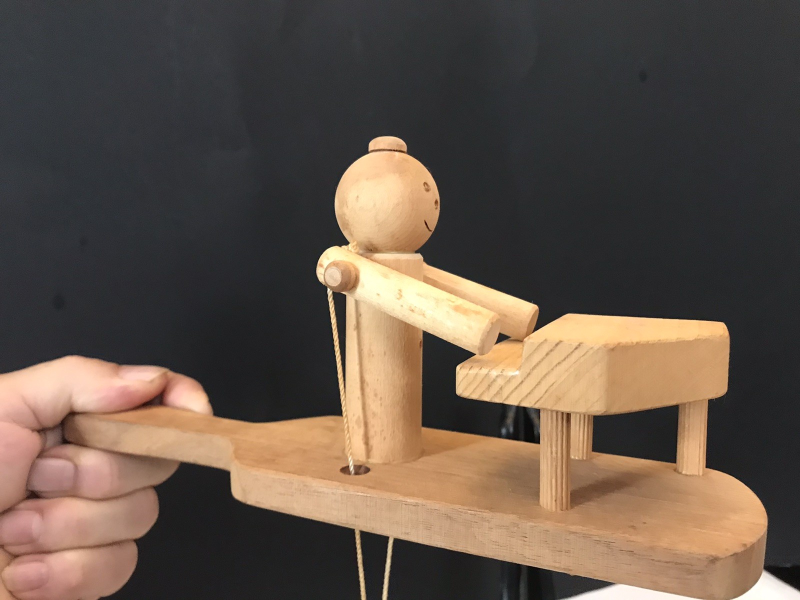 Vintage Wood Kinetic Folk art Handmade Wood Toy Women Playing Piano 1985 Signed