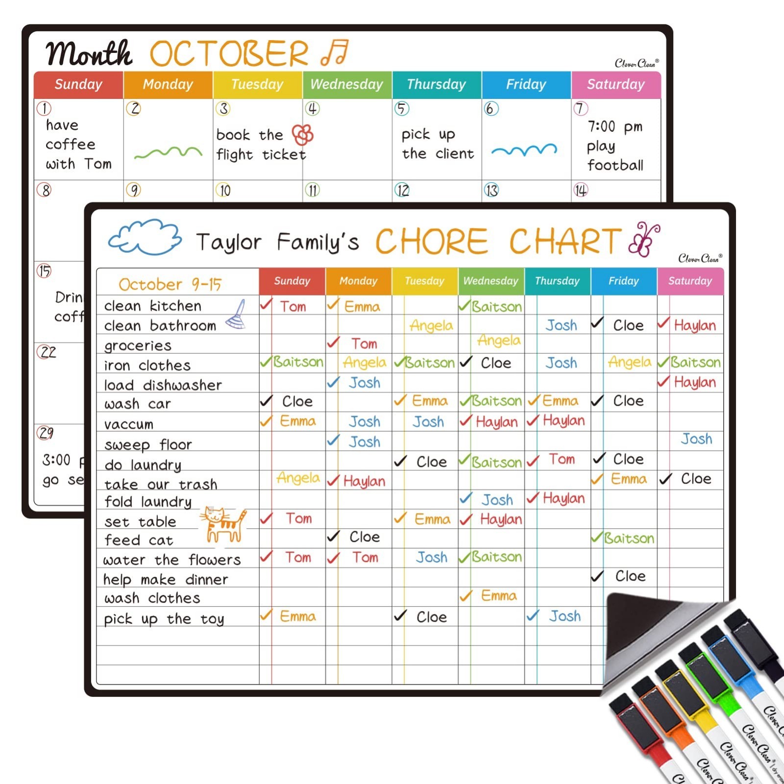 Magnetic Dry Erase Chore Chart & Monthly Calendar – 14.5″x11″, Fridge Organizer,