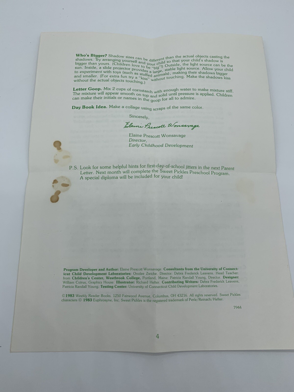 Vintage Sweet Pickles Preschool Program 70s or 80s Parents Letter