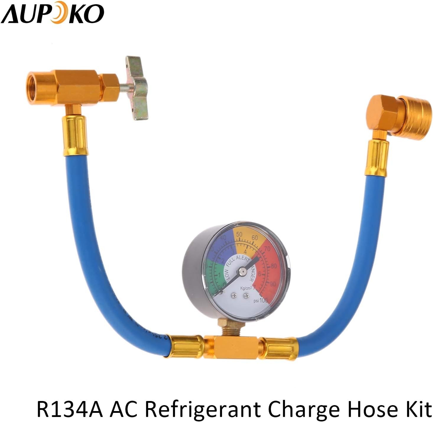 R134A AC Refrigerant Charge Hose Kit with Pressure Gauge 1/2″ Self-Sealing Valve