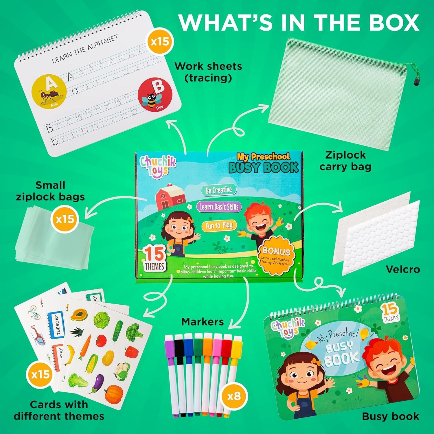 Preschool Busy Book for Toddlers 1-3-4 with 8 Colorful Markers – 30 Page Montess