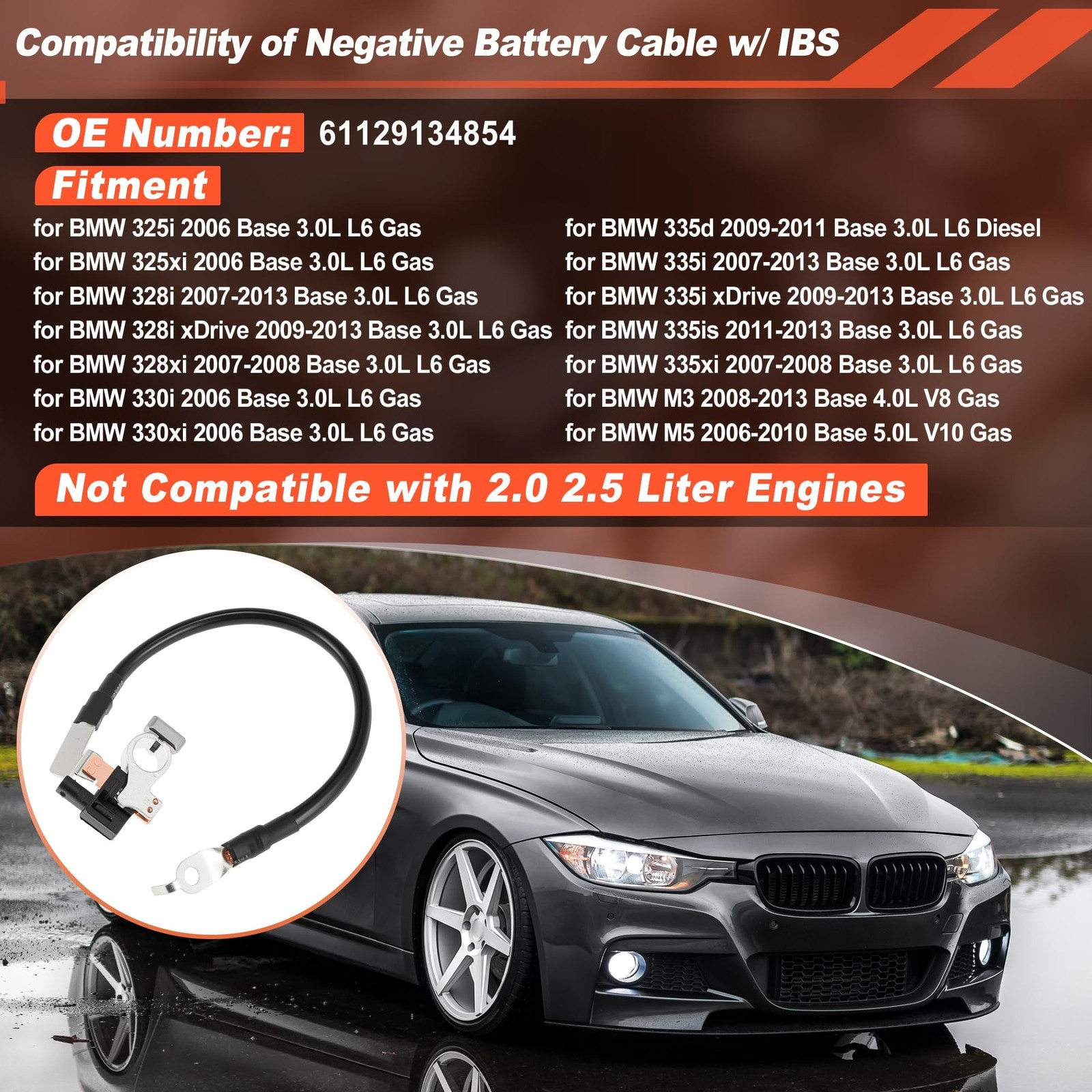 Negative Battery Cable with IBS for BMW 328i 335i 328xi 335xi Replace 6112913…