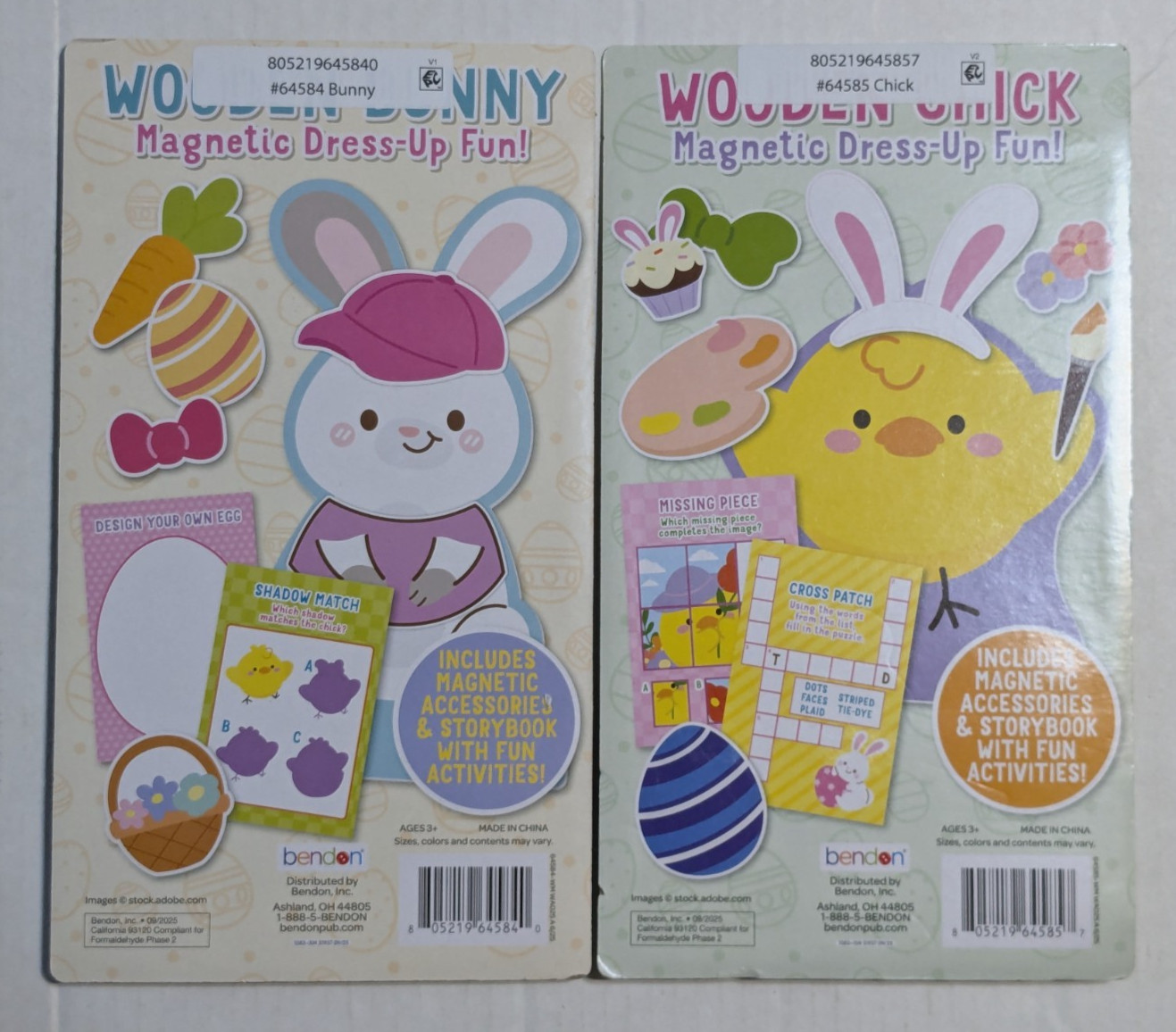 Lot of 2 – Bendon – Wooden Bunny / Wooden Chick with Magnetic Pieces – Easter