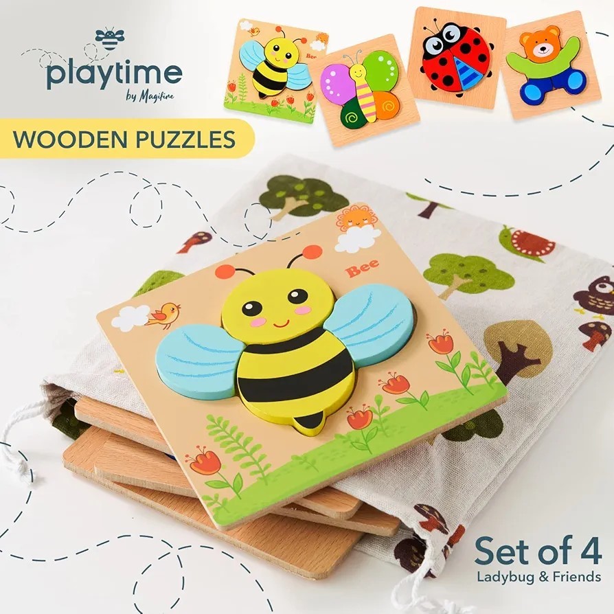Montessori Wooden Toddler Puzzle Set – Educational Toys for Ages 1-3 (4 Pack)