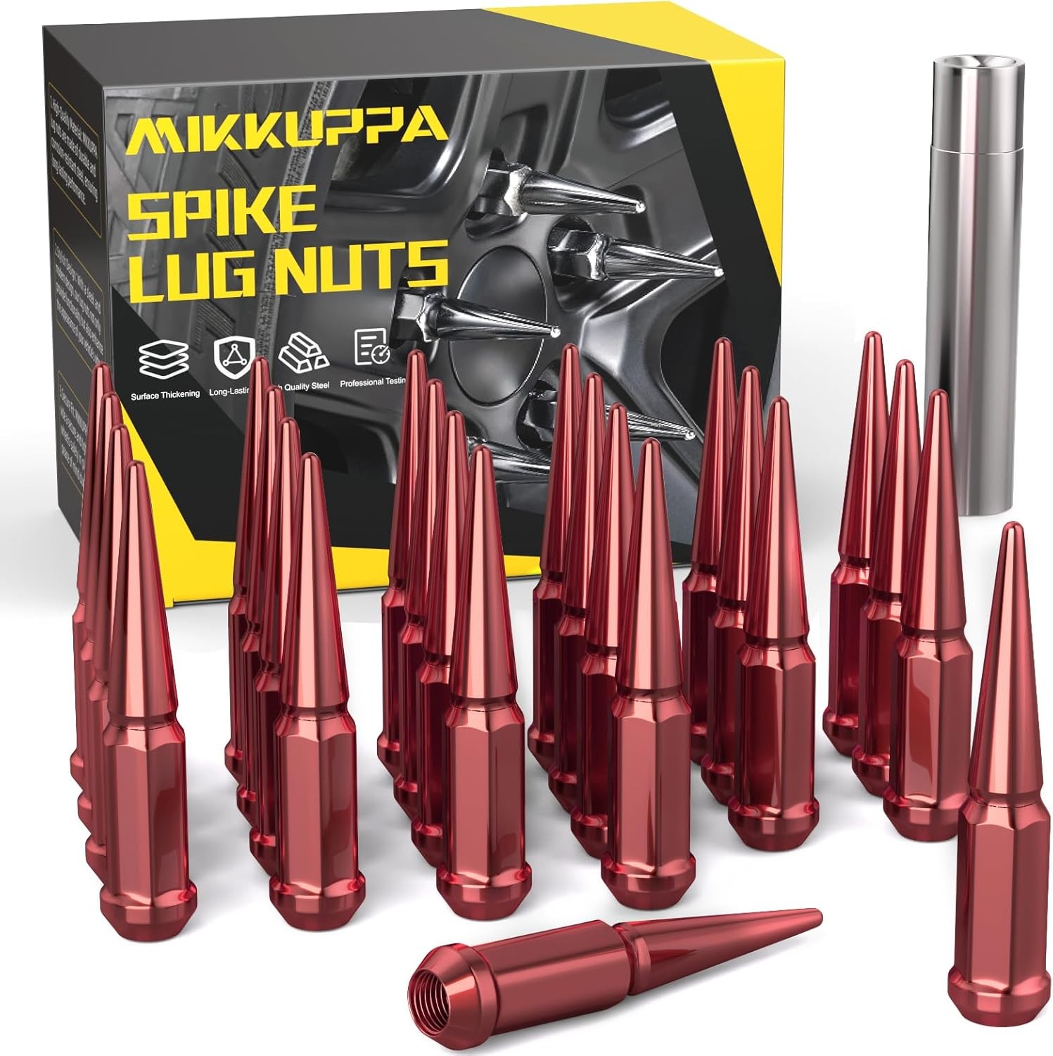 MIKKUPPA M14x1.5 Spike Wheel Lug Nuts, 24pcs Red 14mmx1.5 Soild 4.4″ Tall with 1