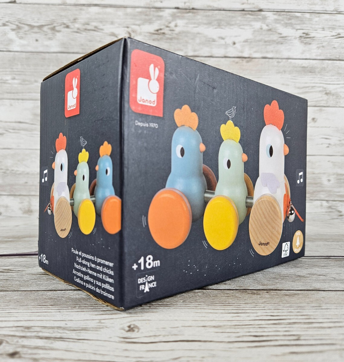 Janod Toddler Toy Wooden Pull Along Hen and Chicks Classic J08259 NIB