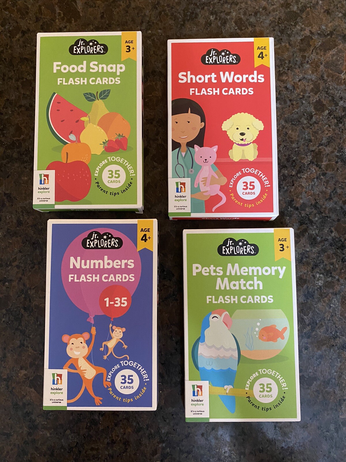 4 NEW: jr. Explorers Flash Cards- Numbers, Pets Memory, Short Words, Food Age 4+