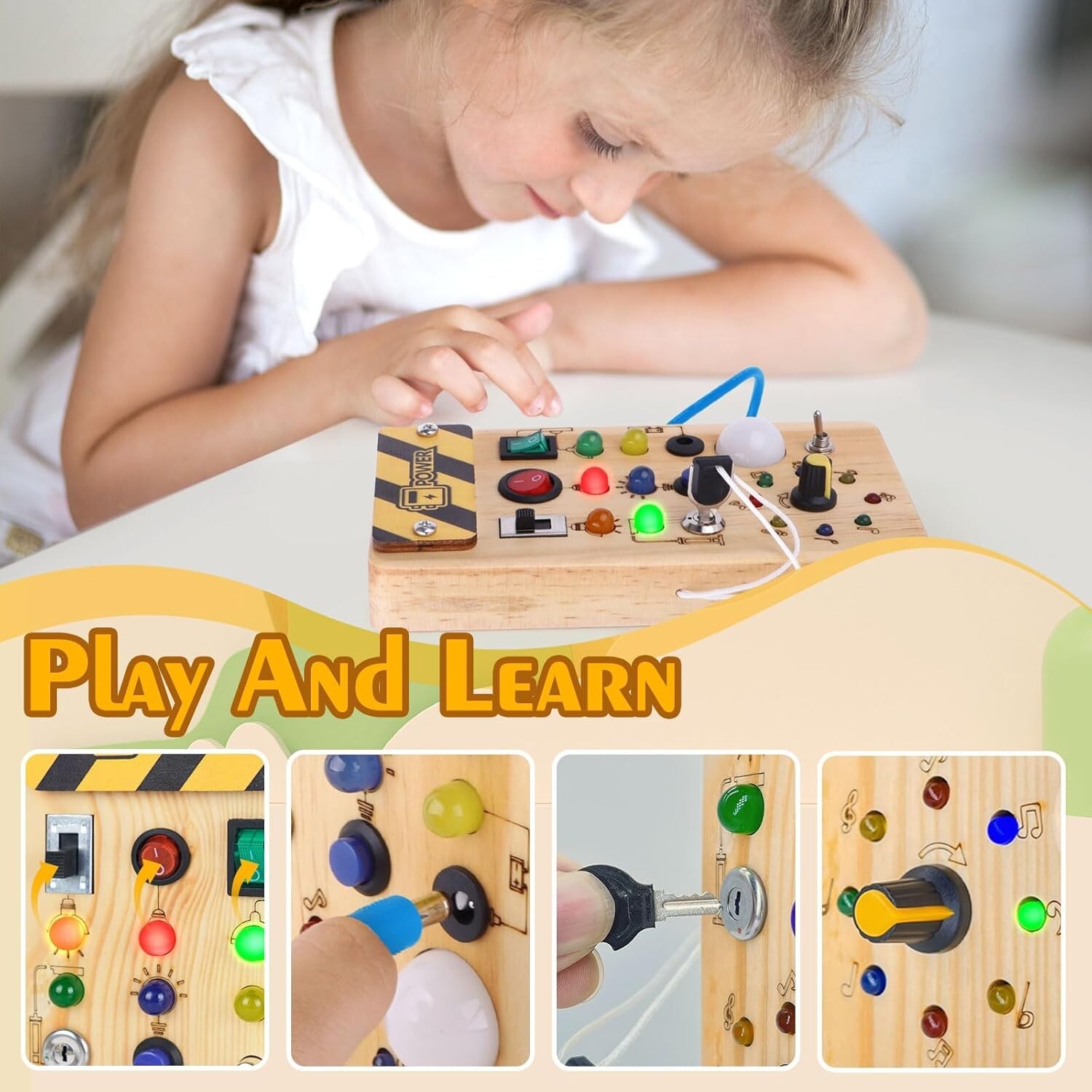 Handcrafted Montessori Busy Board for Ages 1+, 8 LED Lights for Sensory Learning