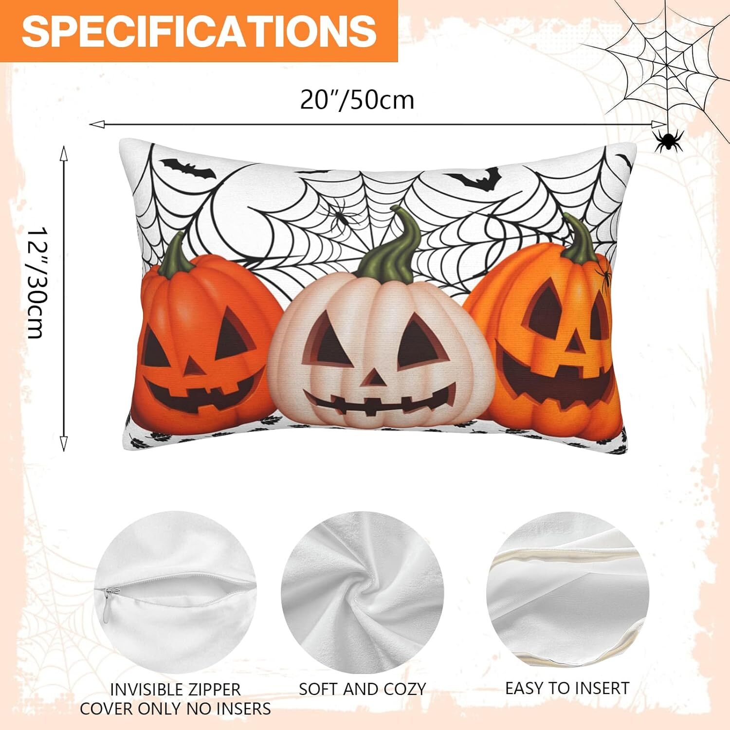 Halloween Lumbar Pillow Cover 12×20 Inches Pumpkin Bat Spider Web Throw Lumbar
