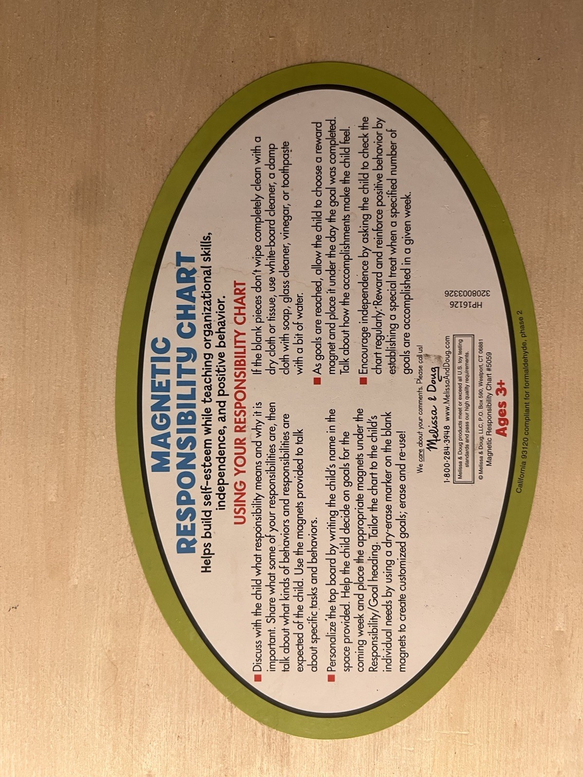 Melissa & Doug Responsibility hang magnet Chart Wood Board Learn aid -Preowned