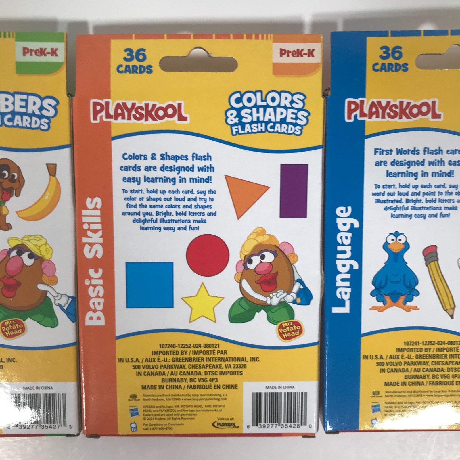 Playskool PreK-K First Words/Colors & Shapes/Numbers Flash Cards 3×36 Cards