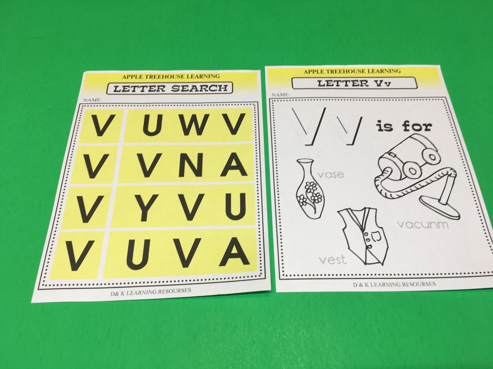 Letter Vv – Apple Treehouse Worksheets – Preschool Teaching supplies 20pgs