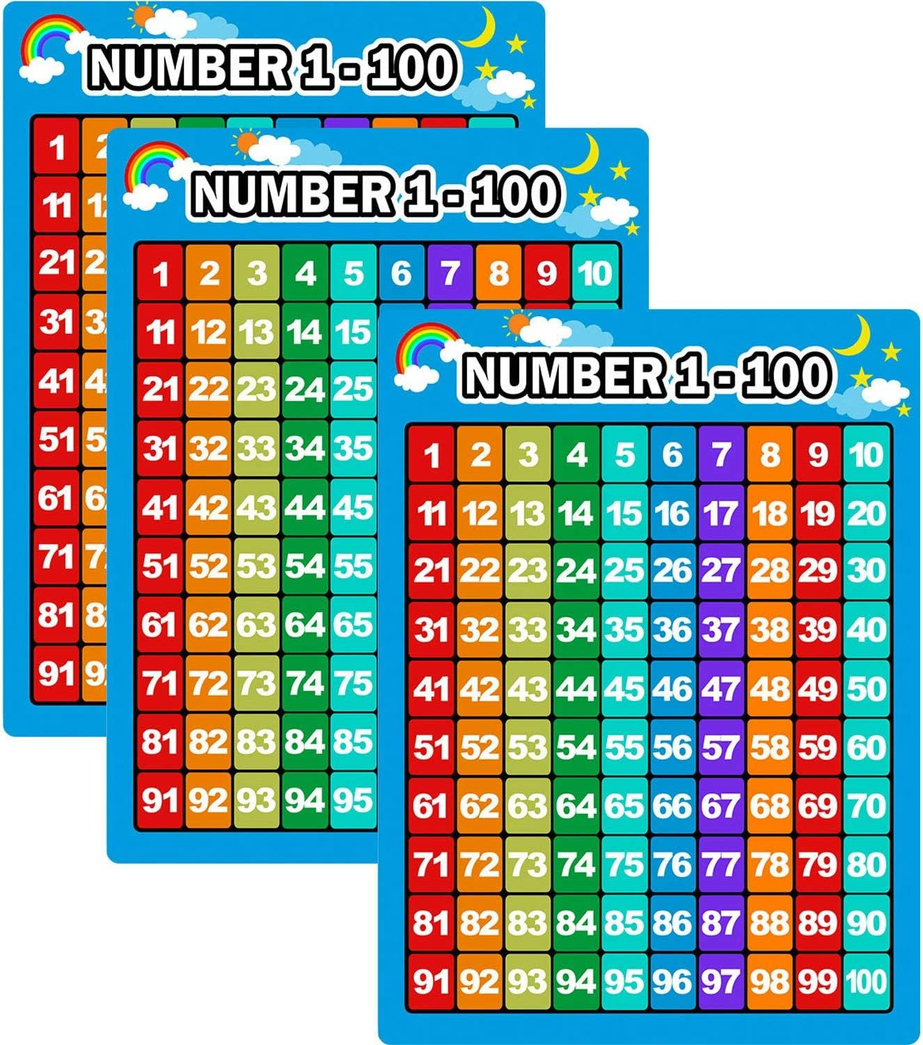 3 Pieces Number 1-100 Charts Educational Preschool Posters Learning Poster for T