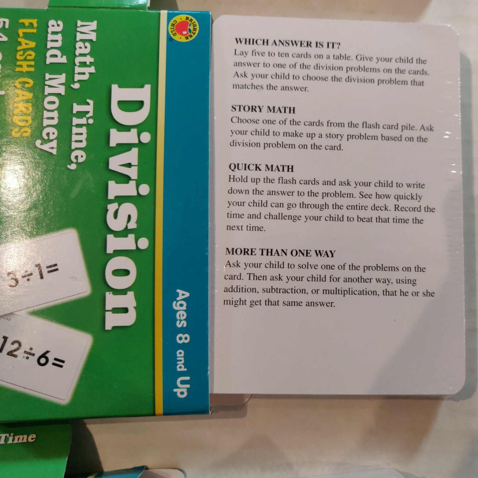3 Brighter Child ‘Math, Time & Money’ Flash Card Sets Subtraction/Division/Time