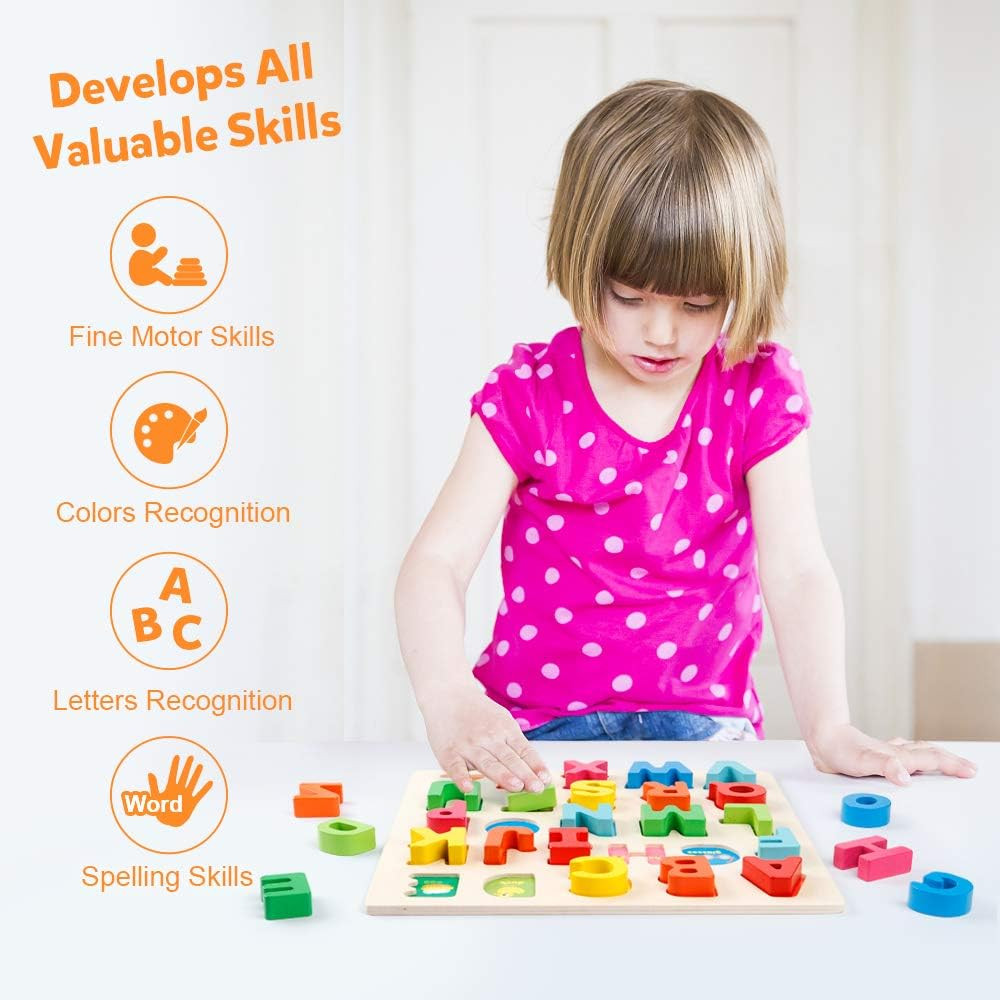 Wooden Alphabet Puzzle – ABC Letters Sorting Board Blocks Montessori Mat