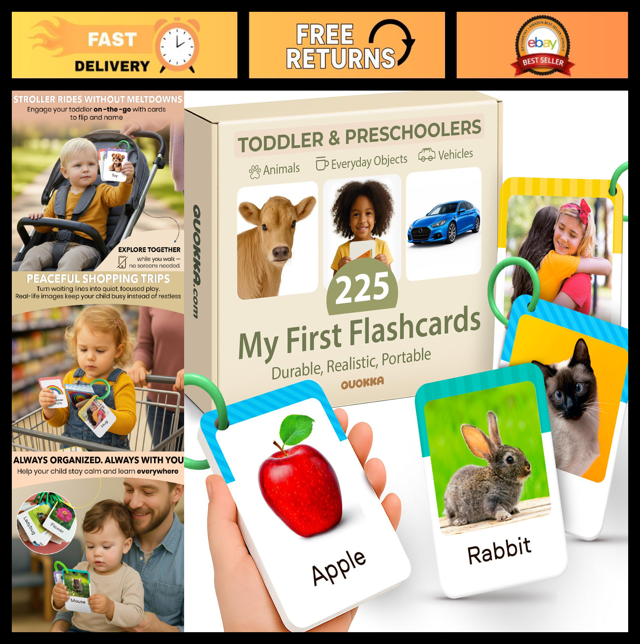 Toddler Flash Cards 225 Pack – Montessori Learning Cards for Ages 1-3, Alphabet