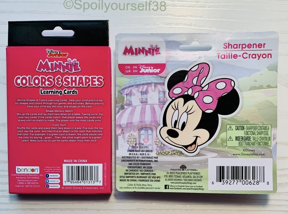 New Lot of 2 Disney Junior Minnie Colors/Shapes 36 Cards & Crayon Sharpener 4+