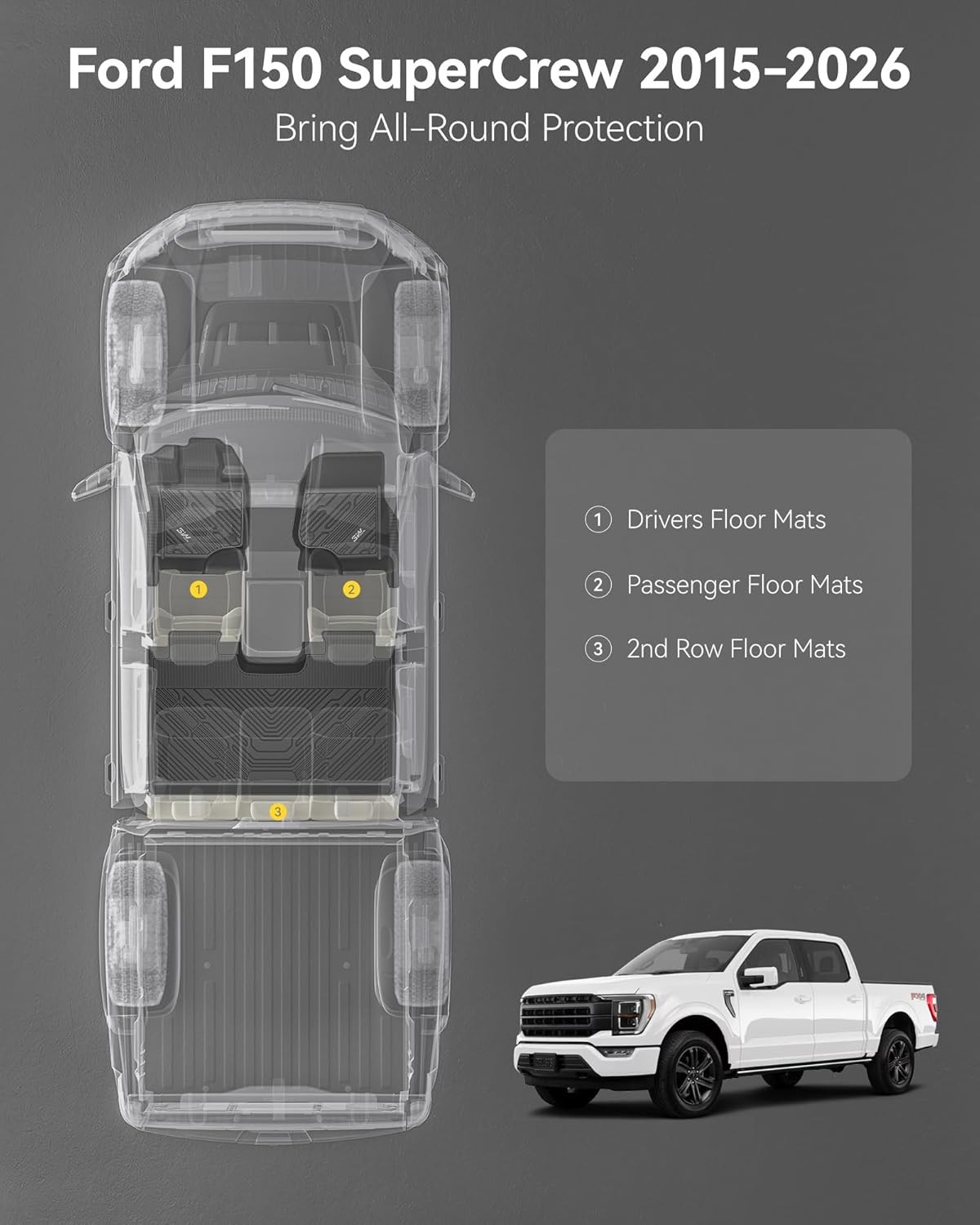 3W Floor Mats for Ford F-150 2015-2025 2026 & F150 Lightning 2022-2025 SuperCrew