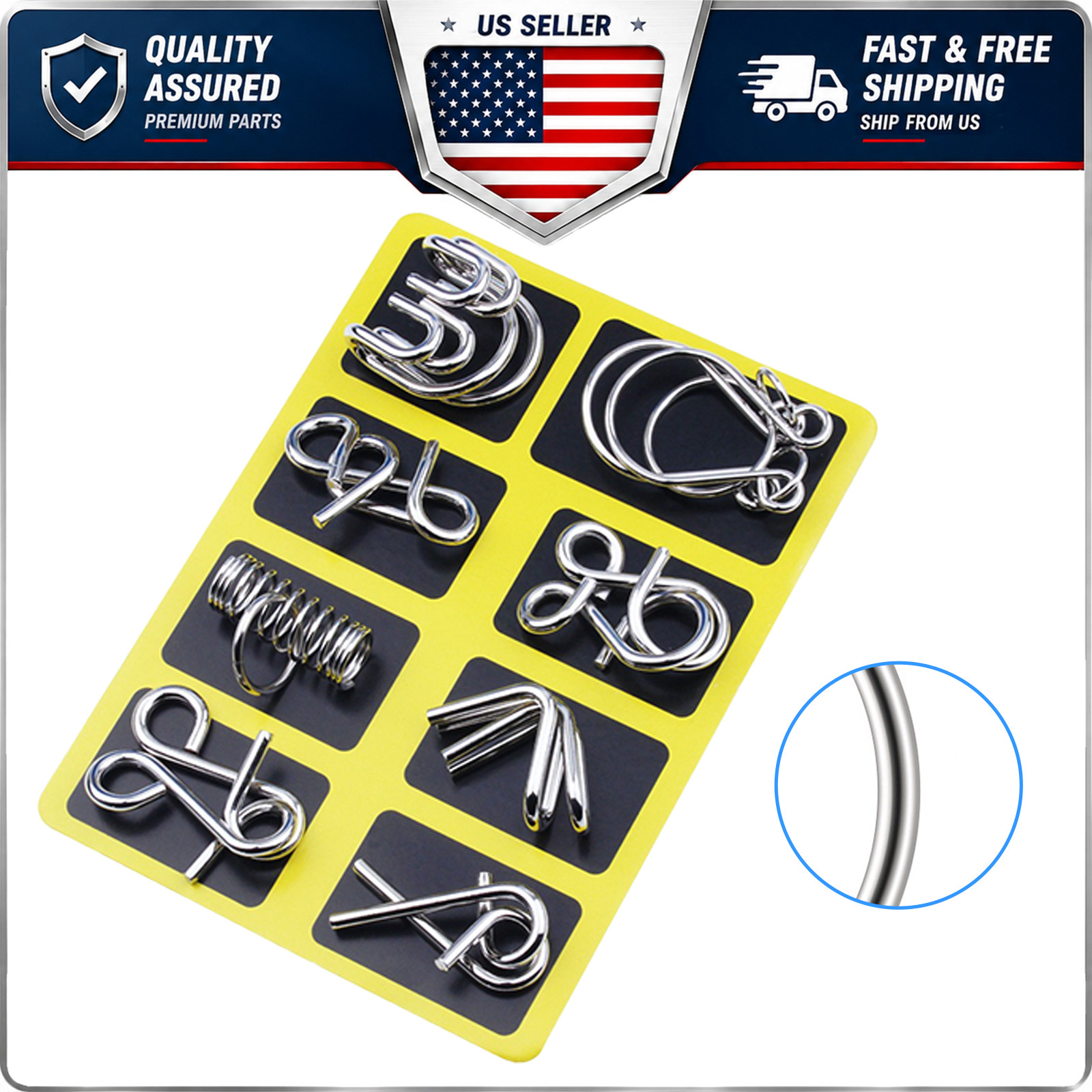 8PCS Metal Wire Puzzle Set Yellow Brain Teaser Toy Educational Gift