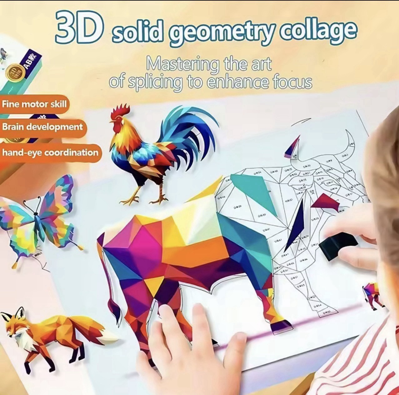 3D Solid Geometry Animal Sticker Mosaic Collage Arts & Crafts Kit, Multicolor
