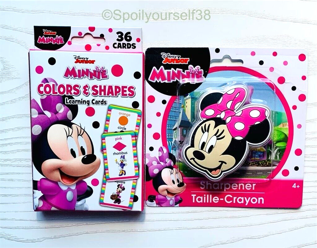 New Lot of 2 Disney Junior Minnie Colors/Shapes 36 Cards & Crayon Sharpener 4+