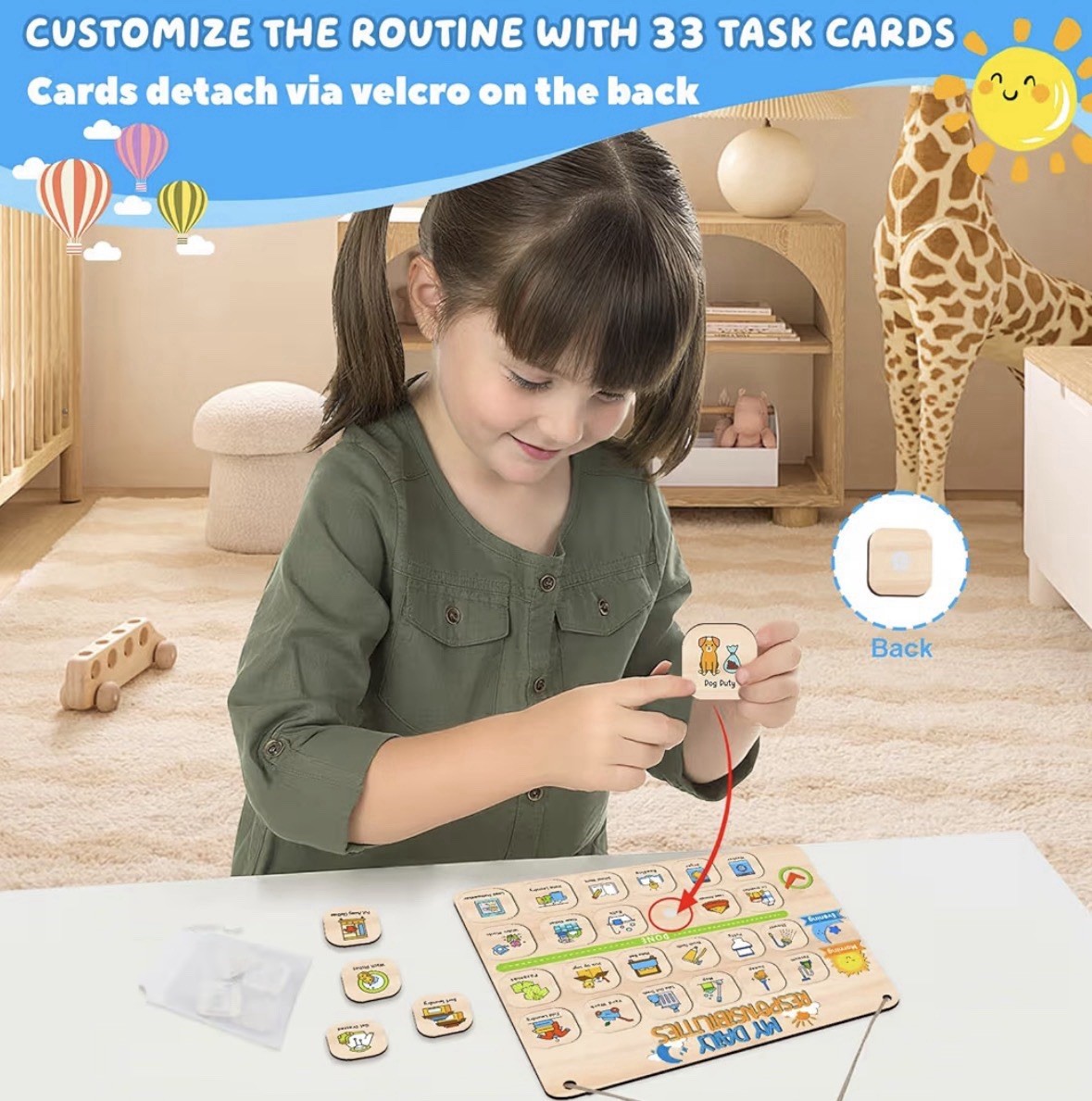 Kids Daily Responsibility Chart Wooden Morning & Bedtime Routine Board