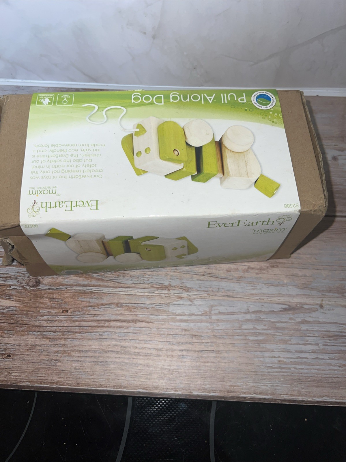 2009 Everearth Pull Along Green Dog RARE wooden Toddler/Baby Toy Ever Earth~