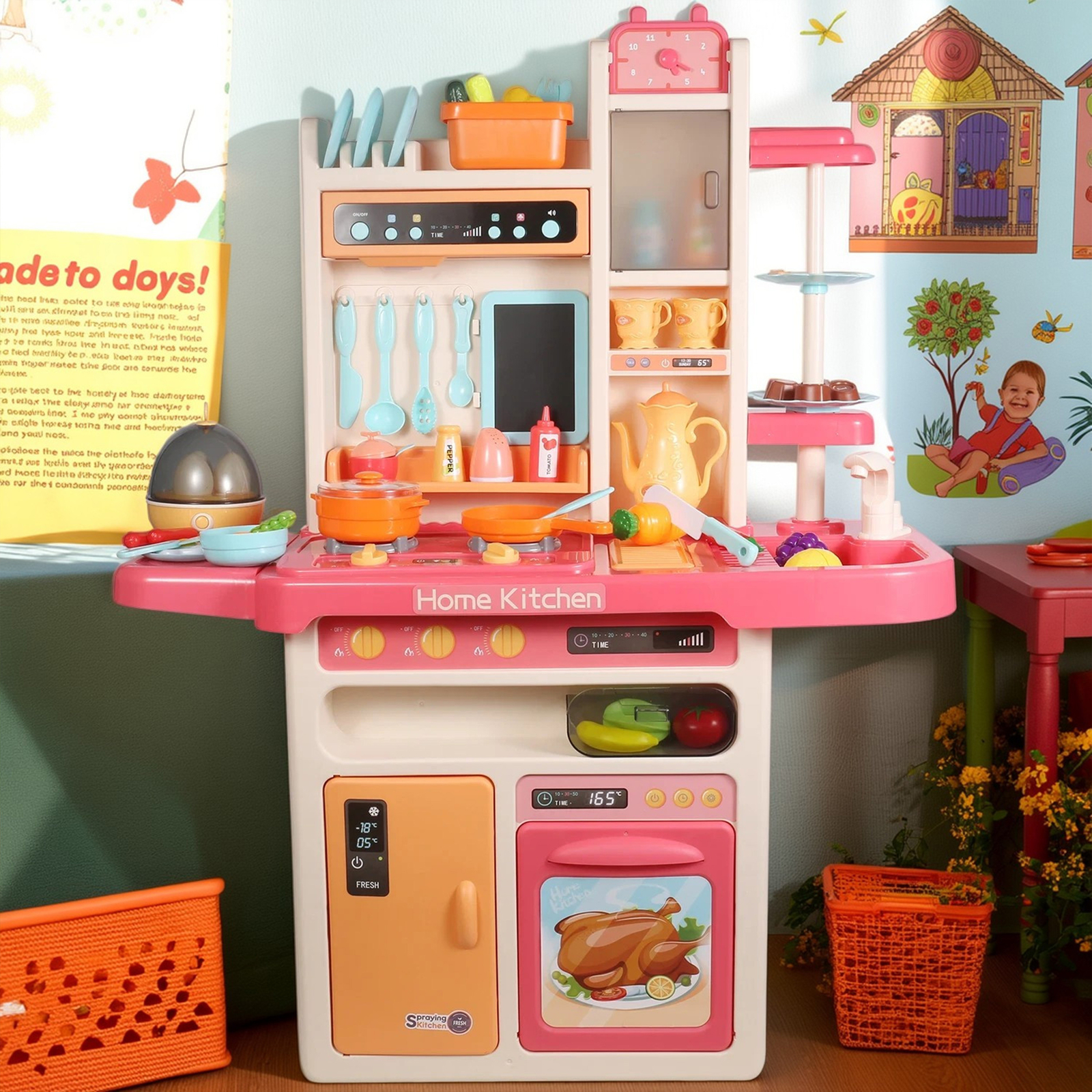 Kids Deluxe Kitchen Cooking Playset with Steam & Water Effects – 65 Accessories