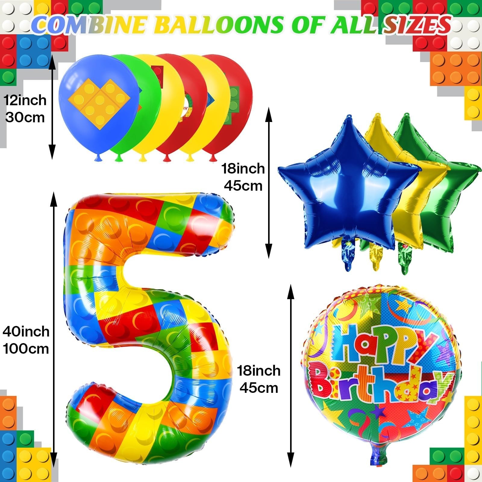 40 Inch Building Block Number Balloon, Colorful Number Block Foil Number 5 Ba…