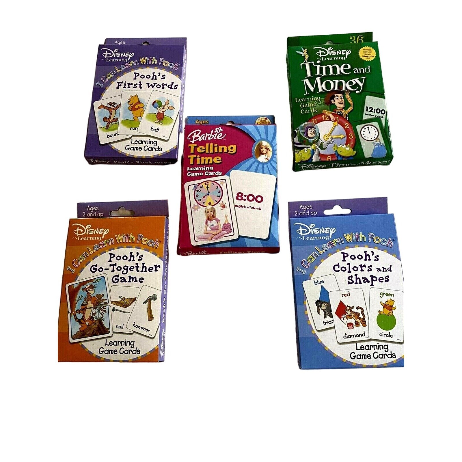 Set Of 4 Disney and 1 Barbie Early Learning Game Cards Words Time Money Colors