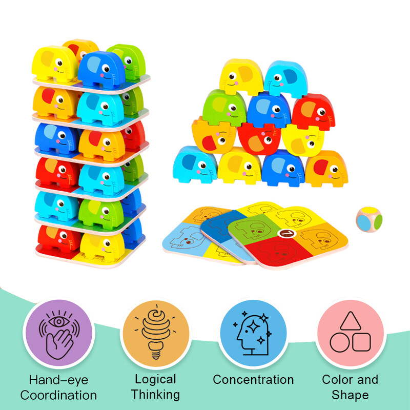 TOOKYLAND Wooden Elephants Stackable – With Blocks & Reference Cards, 3 Years+